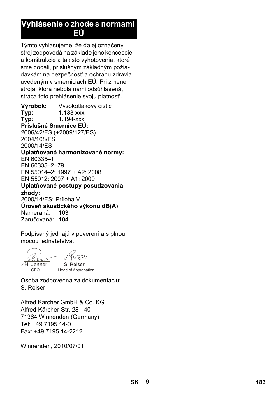 Vyhlásenie o zhode s normami eú | Karcher G 7-10 M User Manual | Page 183 / 248