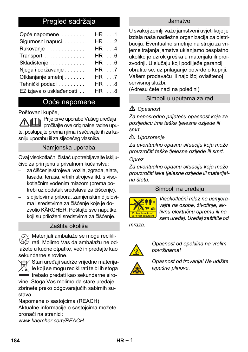 Hrvatski, Pregled sadržaja, Opće napomene | Karcher G 7-10 M User Manual | Page 184 / 248