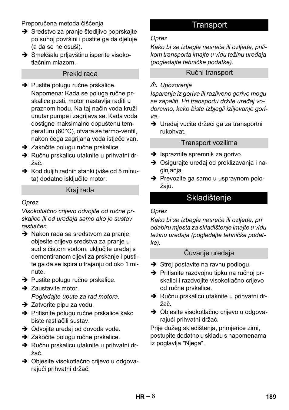 Transport, Skladištenje | Karcher G 7-10 M User Manual | Page 189 / 248