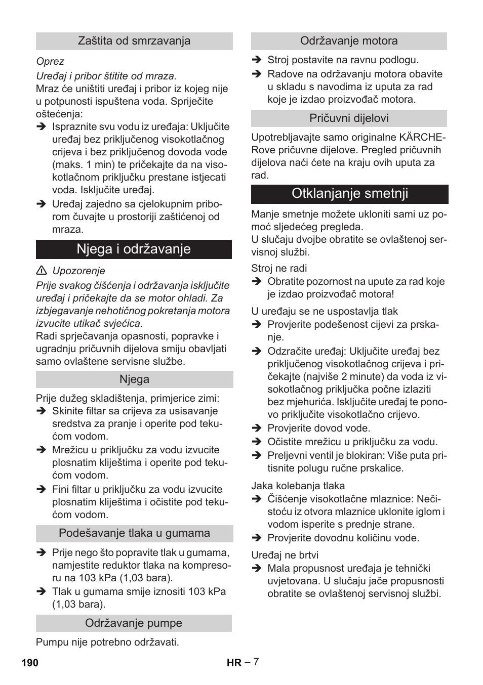 Njega i održavanje, Otklanjanje smetnji | Karcher G 7-10 M User Manual | Page 190 / 248