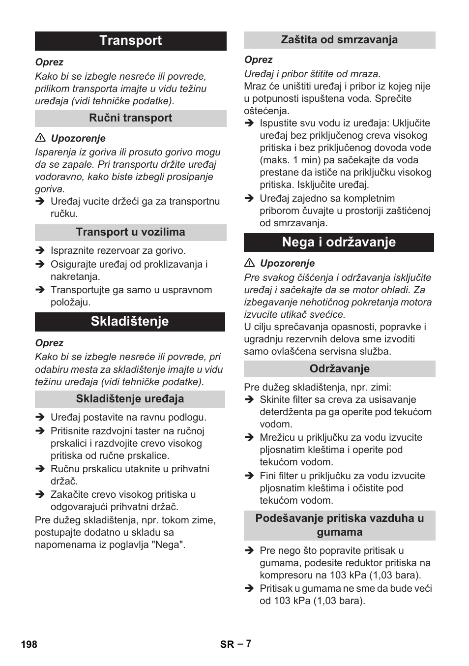 Transport, Skladištenje, Nega i održavanje | Karcher G 7-10 M User Manual | Page 198 / 248