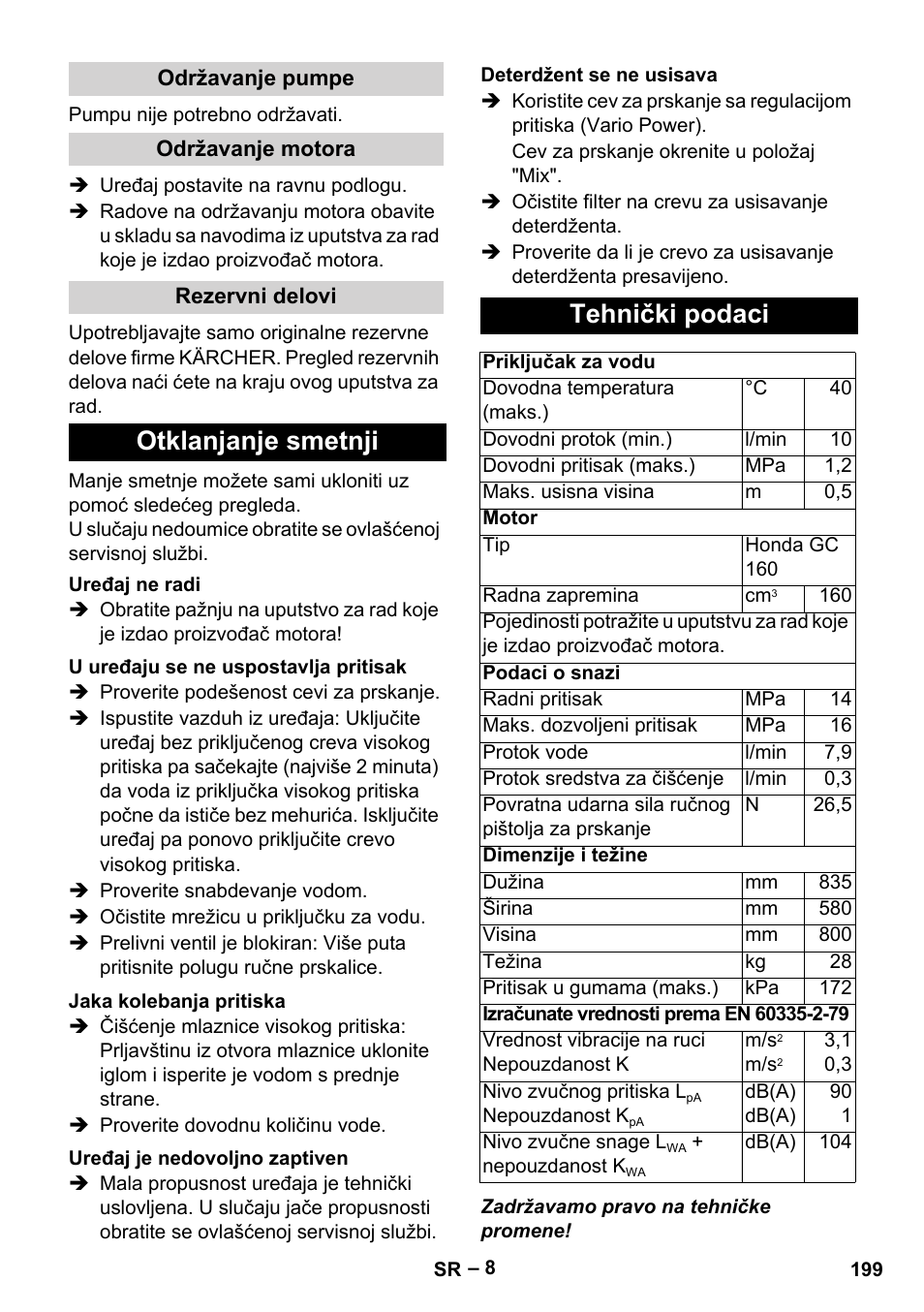 Otklanjanje smetnji, Tehnički podaci | Karcher G 7-10 M User Manual | Page 199 / 248