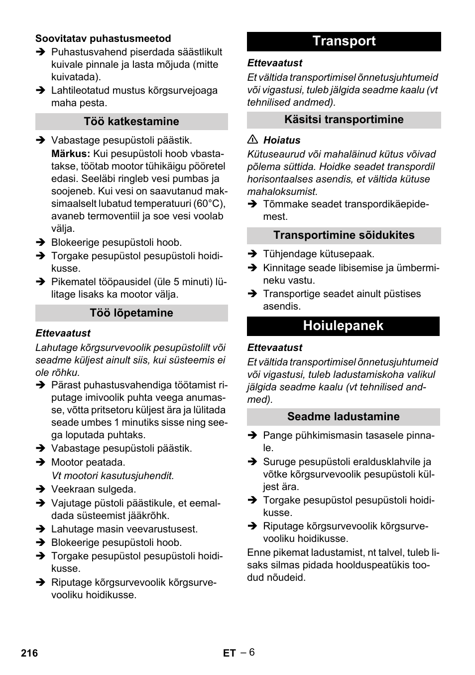 Transport, Hoiulepanek | Karcher G 7-10 M User Manual | Page 216 / 248