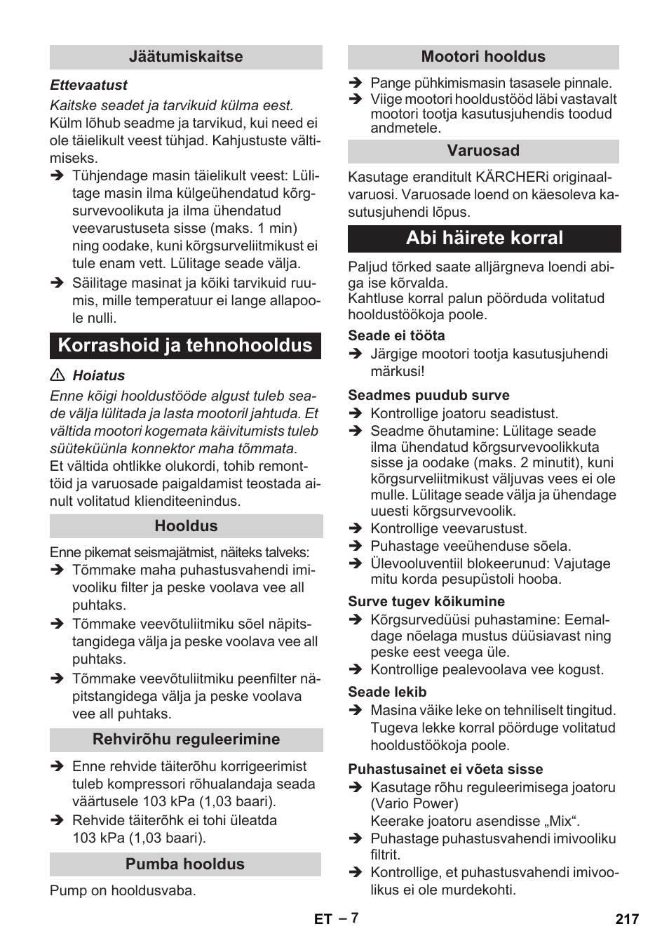 Korrashoid ja tehnohooldus, Abi häirete korral | Karcher G 7-10 M User Manual | Page 217 / 248