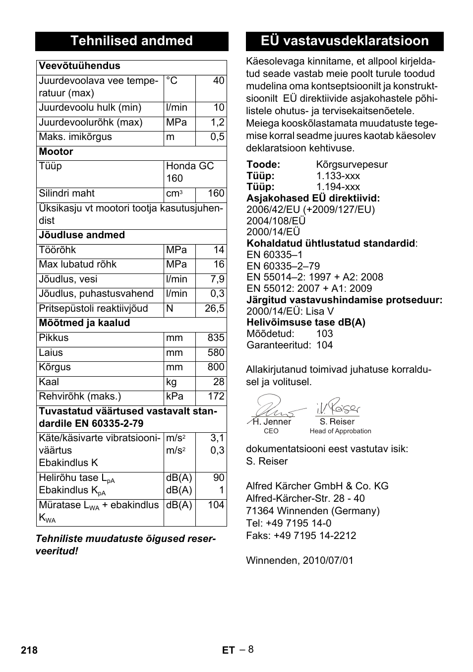 Tehnilised andmed, Eü vastavusdeklaratsioon | Karcher G 7-10 M User Manual | Page 218 / 248