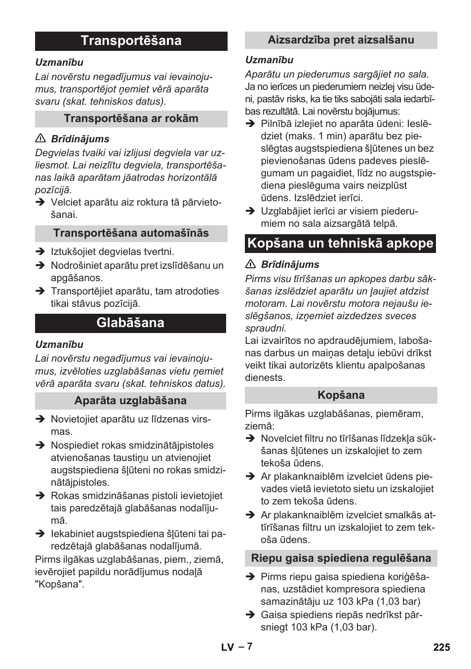 Transportēšana, Glabāšana, Kopšana un tehniskā apkope | Karcher G 7-10 M User Manual | Page 225 / 248