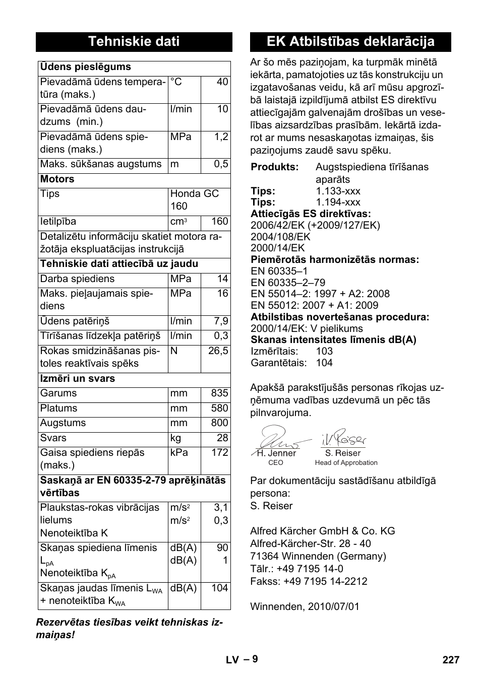 Tehniskie dati, Ek atbilstības deklarācija | Karcher G 7-10 M User Manual | Page 227 / 248