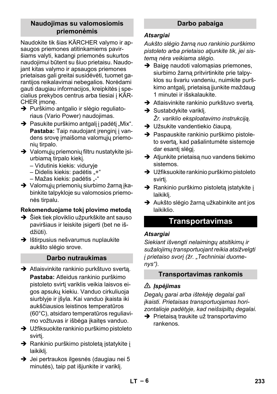 Transportavimas | Karcher G 7-10 M User Manual | Page 233 / 248