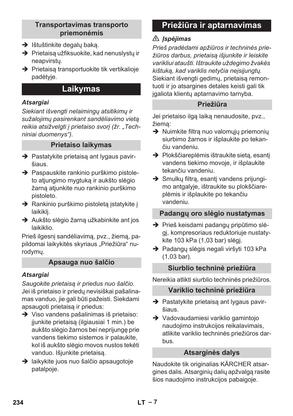 Laikymas, Priežiūra ir aptarnavimas | Karcher G 7-10 M User Manual | Page 234 / 248