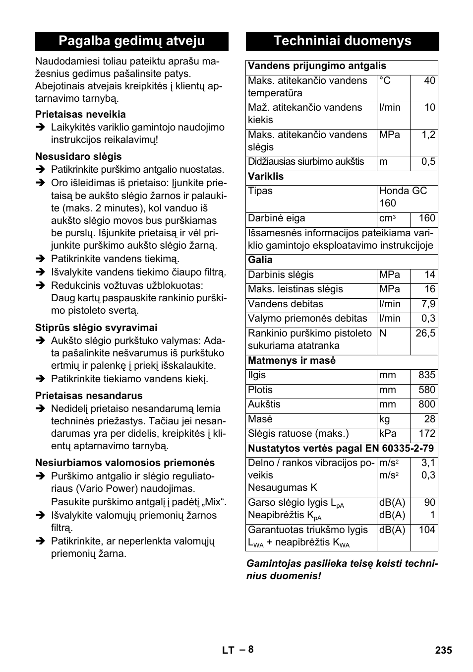 Pagalba gedimų atveju, Techniniai duomenys | Karcher G 7-10 M User Manual | Page 235 / 248