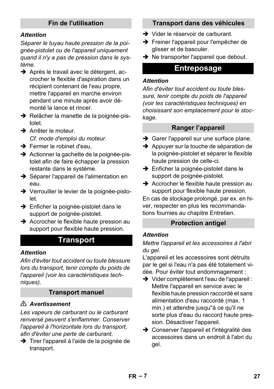 Transport, Entreposage | Karcher G 7-10 M User Manual | Page 27 / 248