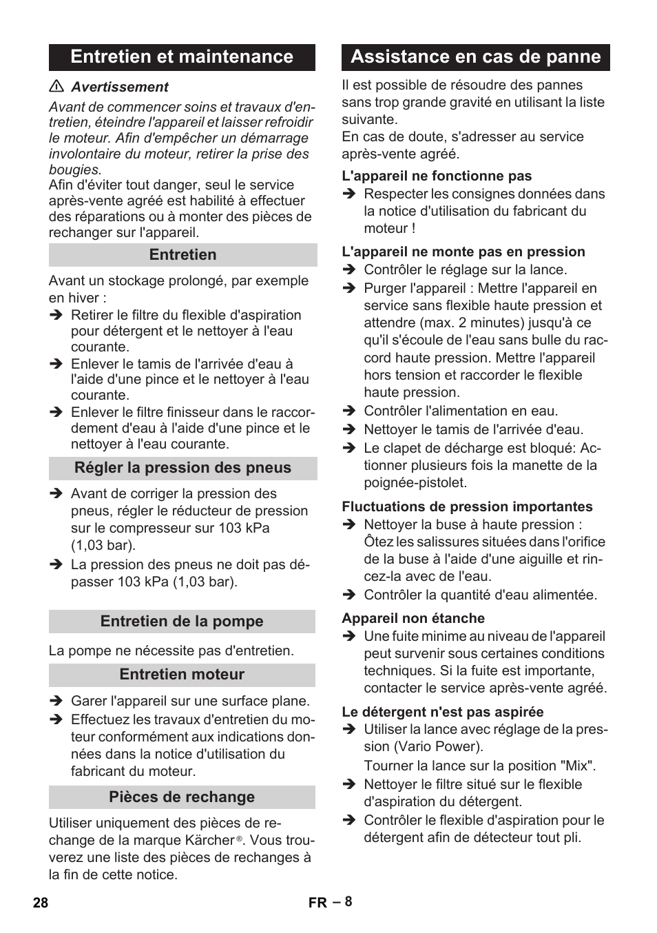 Entretien et maintenance, Assistance en cas de panne | Karcher G 7-10 M User Manual | Page 28 / 248