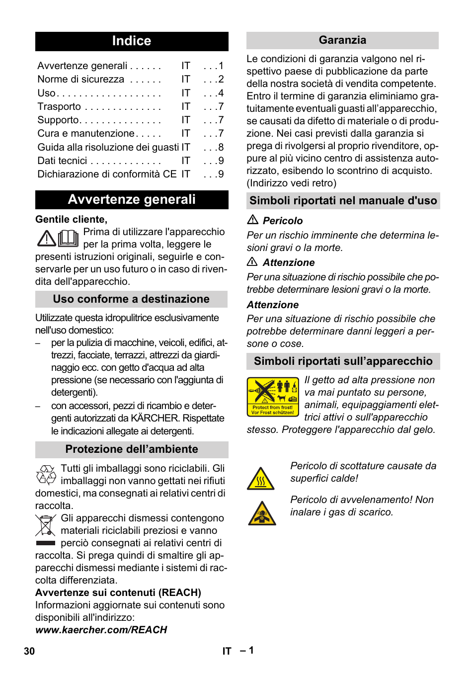 Italiano, Indice, Avvertenze generali | Karcher G 7-10 M User Manual | Page 30 / 248