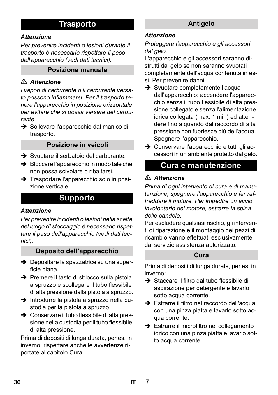 Trasporto, Supporto, Cura e manutenzione | Karcher G 7-10 M User Manual | Page 36 / 248