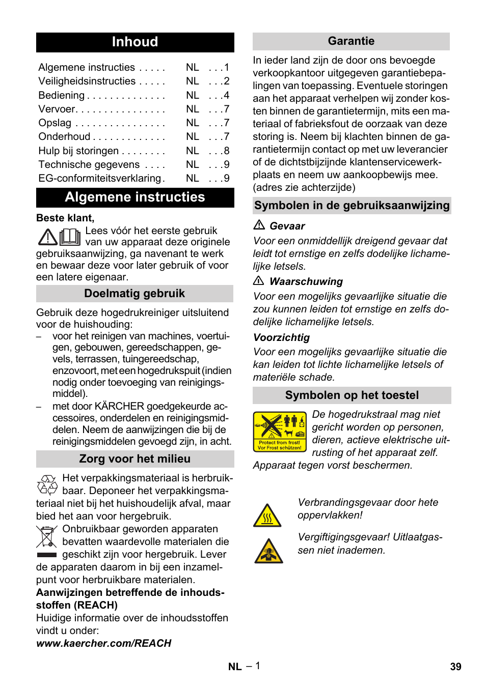 Nederlands, Inhoud, Algemene instructies | Karcher G 7-10 M User Manual | Page 39 / 248