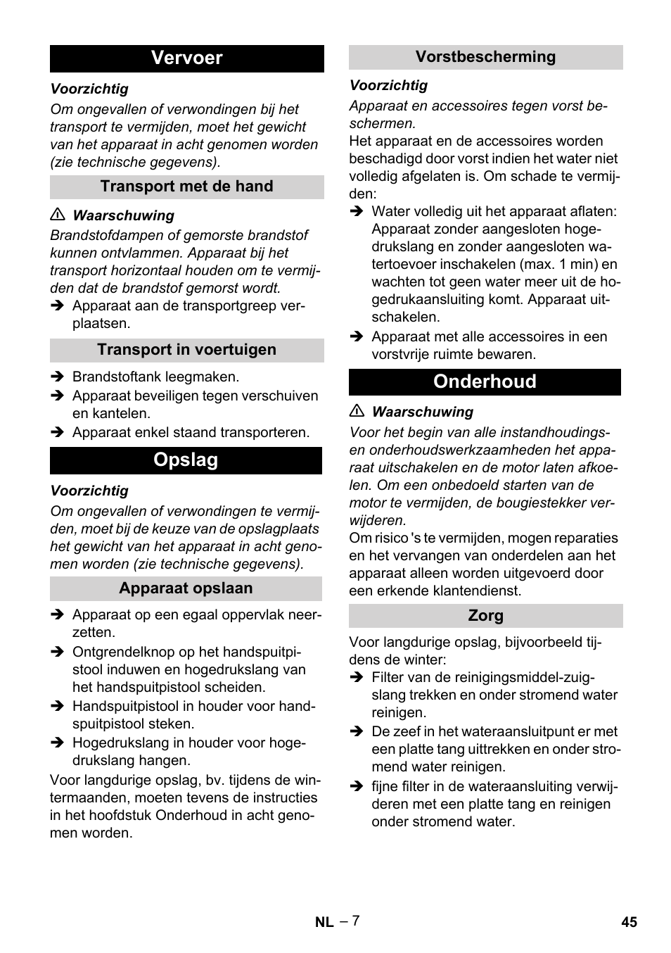 Vervoer, Opslag, Onderhoud | Karcher G 7-10 M User Manual | Page 45 / 248