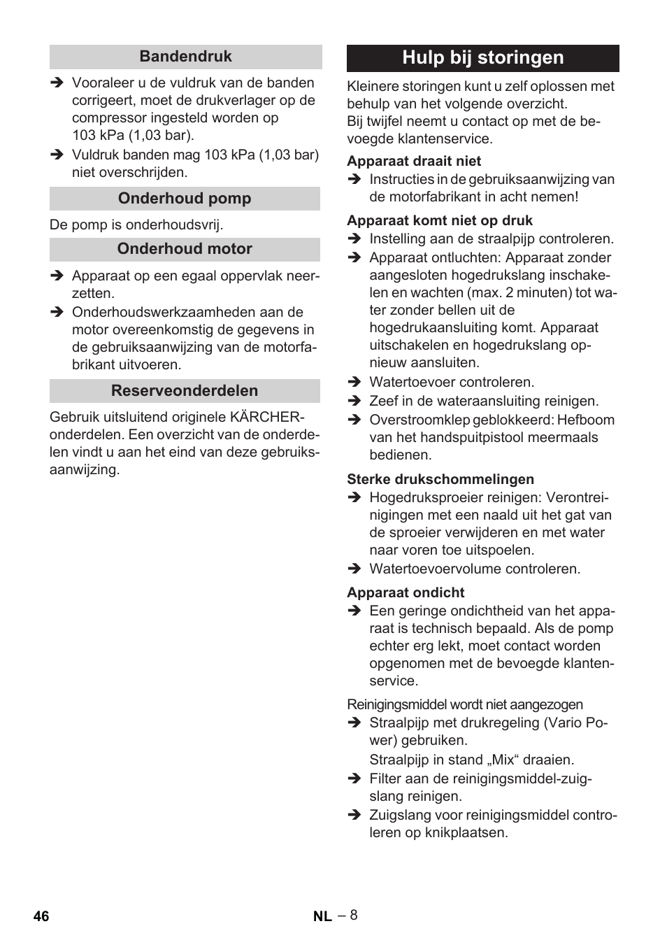 Hulp bij storingen | Karcher G 7-10 M User Manual | Page 46 / 248