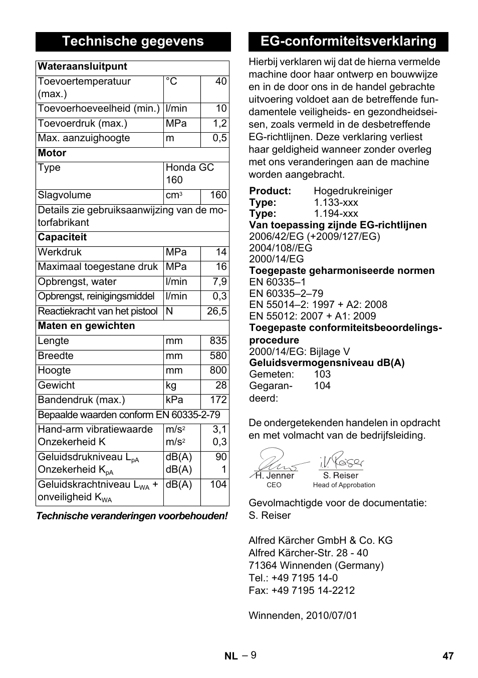 Technische gegevens, Eg-conformiteitsverklaring | Karcher G 7-10 M User Manual | Page 47 / 248