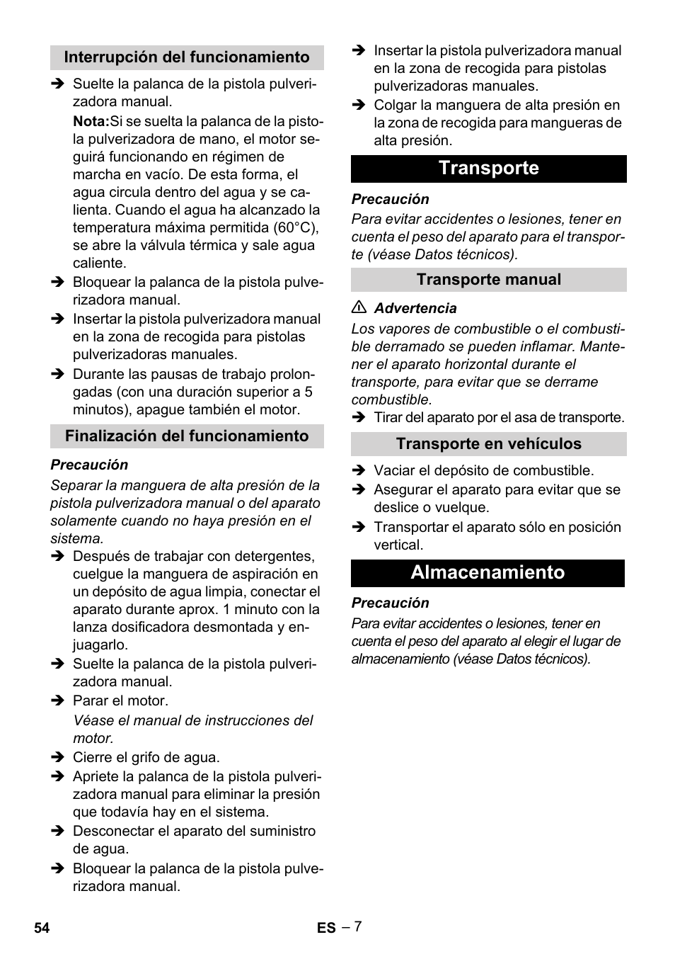 Transporte, Almacenamiento | Karcher G 7-10 M User Manual | Page 54 / 248