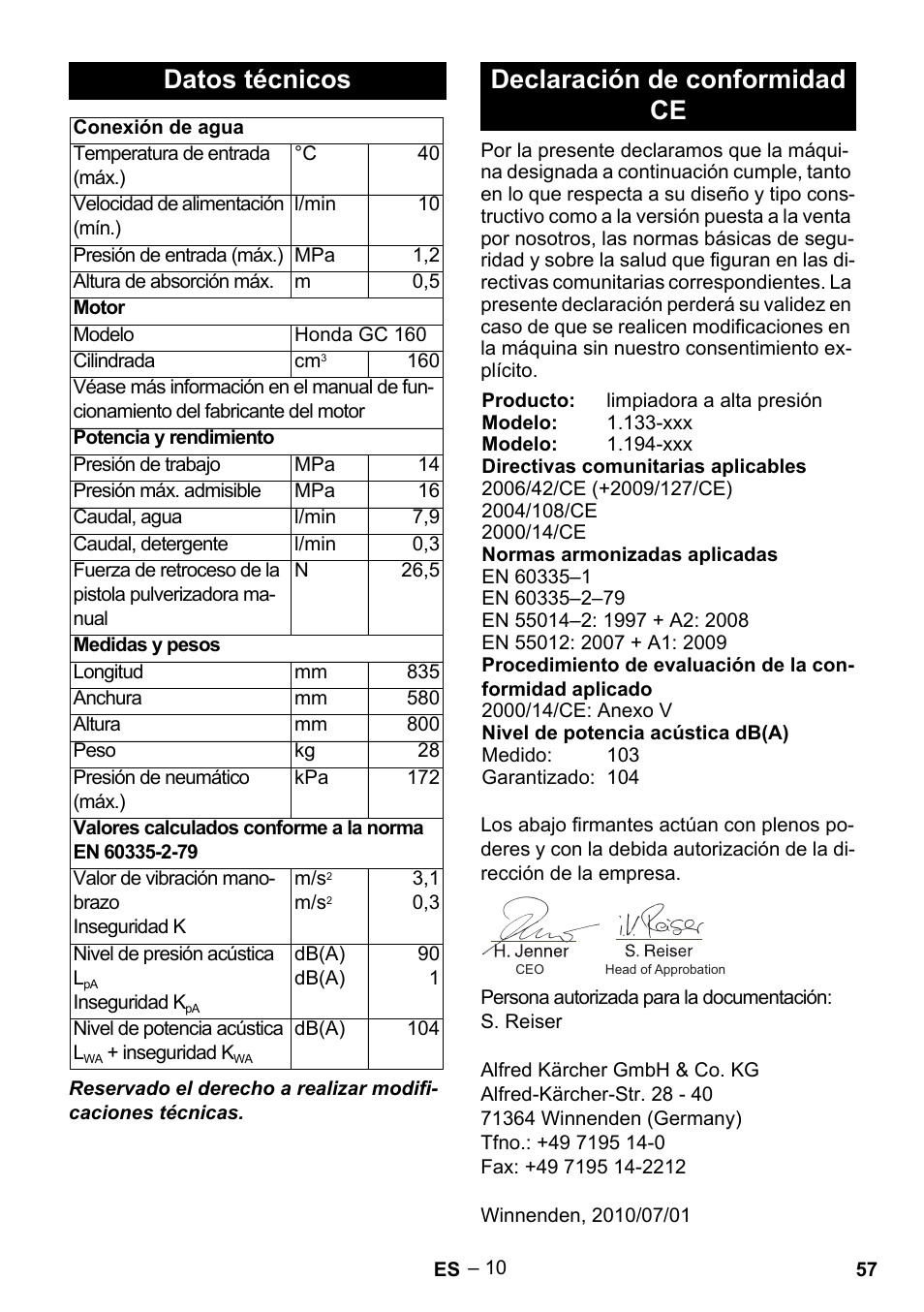 Datos técnicos, Declaración de conformidad ce | Karcher G 7-10 M User Manual | Page 57 / 248