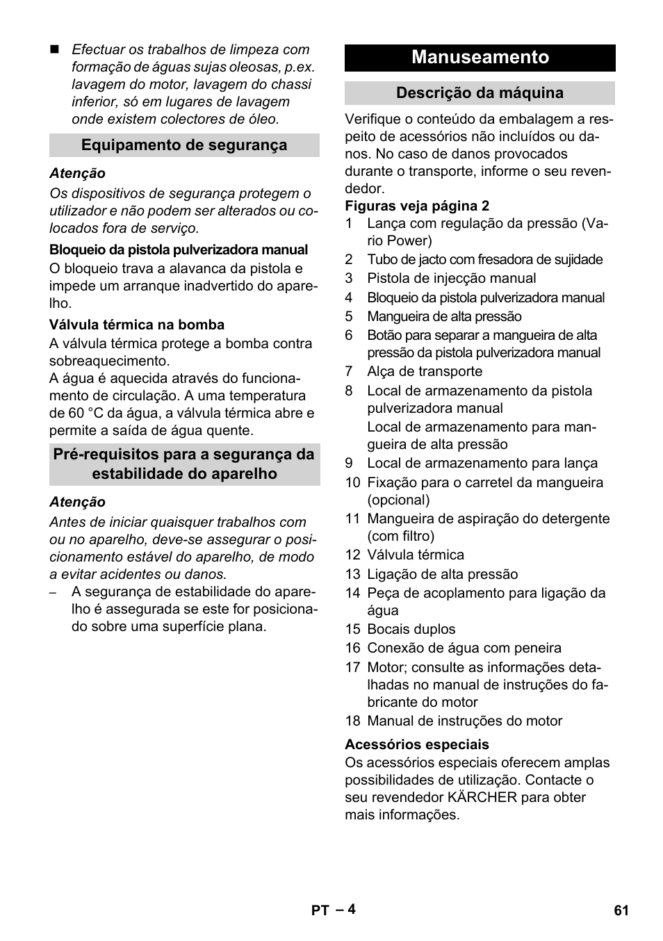 Manuseamento | Karcher G 7-10 M User Manual | Page 61 / 248