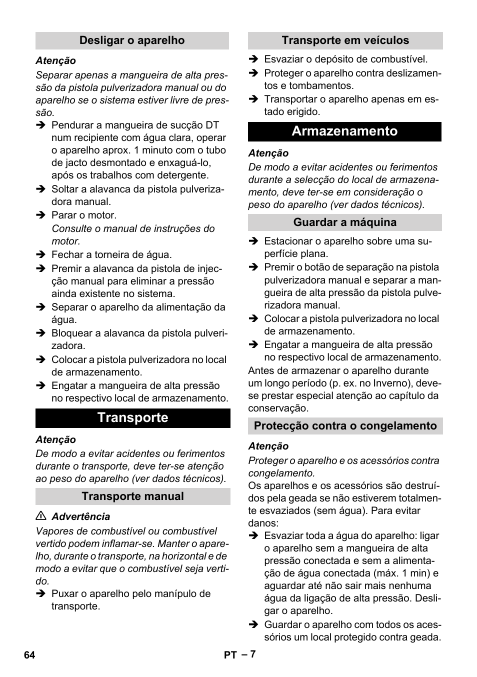 Transporte, Armazenamento | Karcher G 7-10 M User Manual | Page 64 / 248