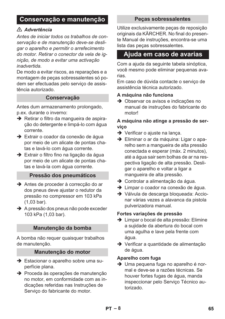 Conservação e manutenção, Ajuda em caso de avarias | Karcher G 7-10 M User Manual | Page 65 / 248