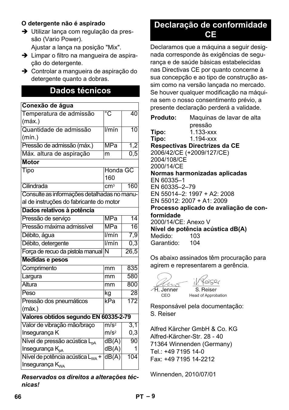 Dados técnicos, Declaração de conformidade ce | Karcher G 7-10 M User Manual | Page 66 / 248