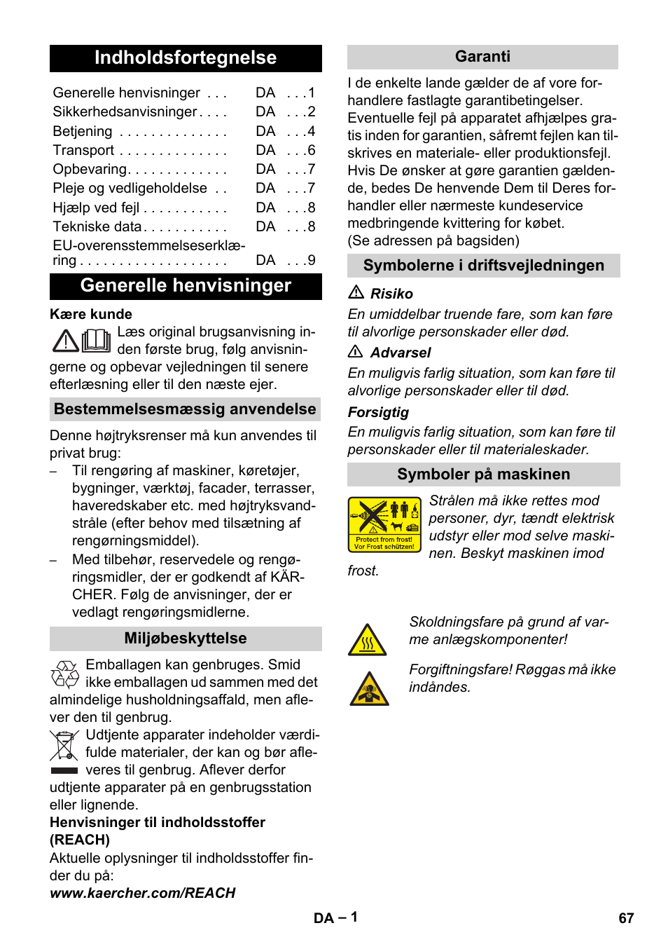Dansk, Indholdsfortegnelse, Generelle henvisninger | Karcher G 7-10 M User Manual | Page 67 / 248