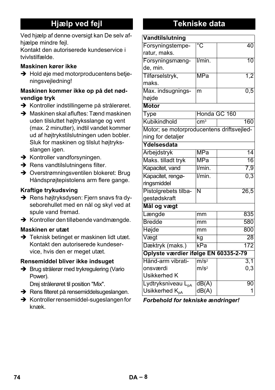 Hjælp ved fejl, Tekniske data | Karcher G 7-10 M User Manual | Page 74 / 248