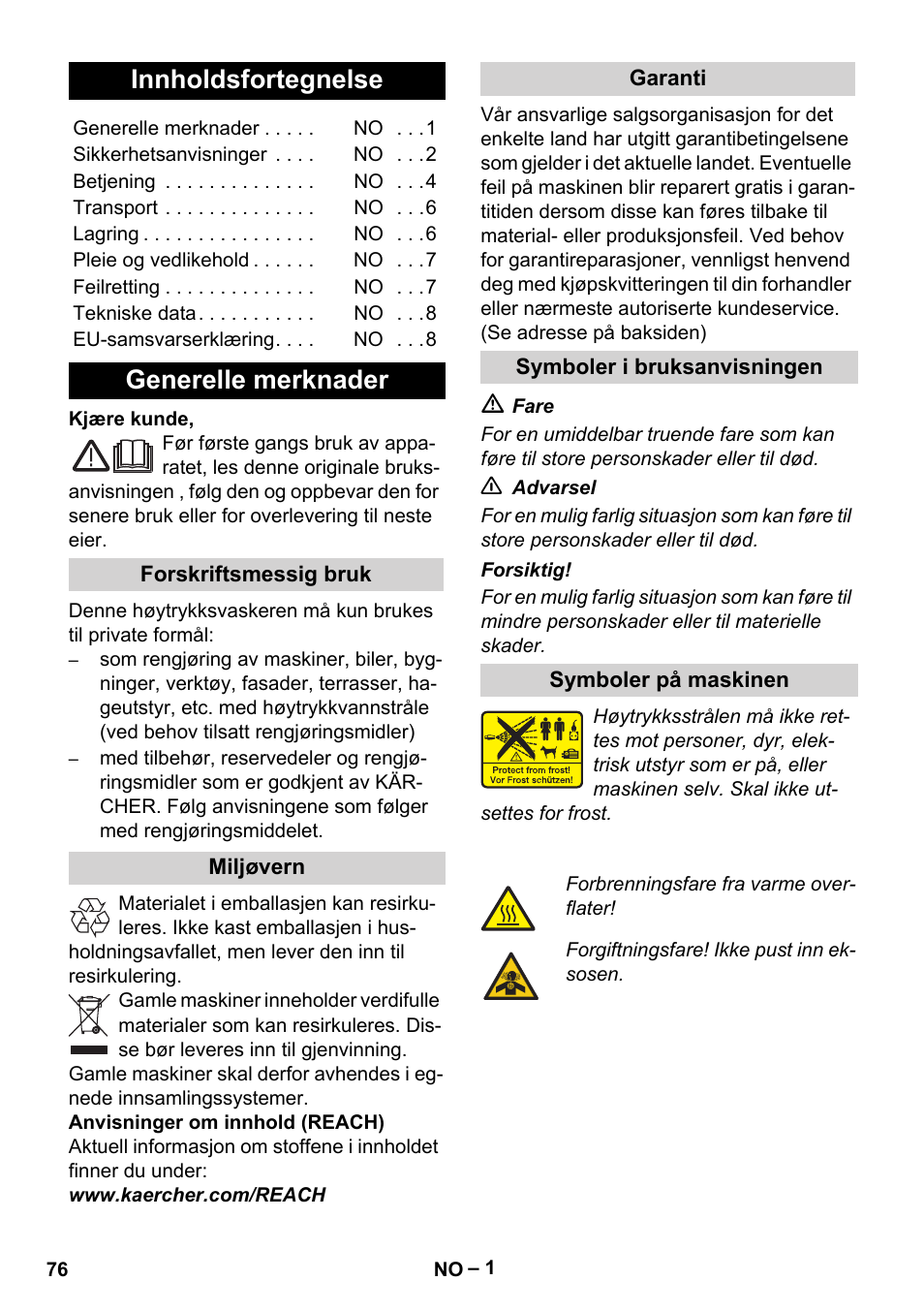 Norsk, Innholdsfortegnelse, Generelle merknader | Karcher G 7-10 M User Manual | Page 76 / 248