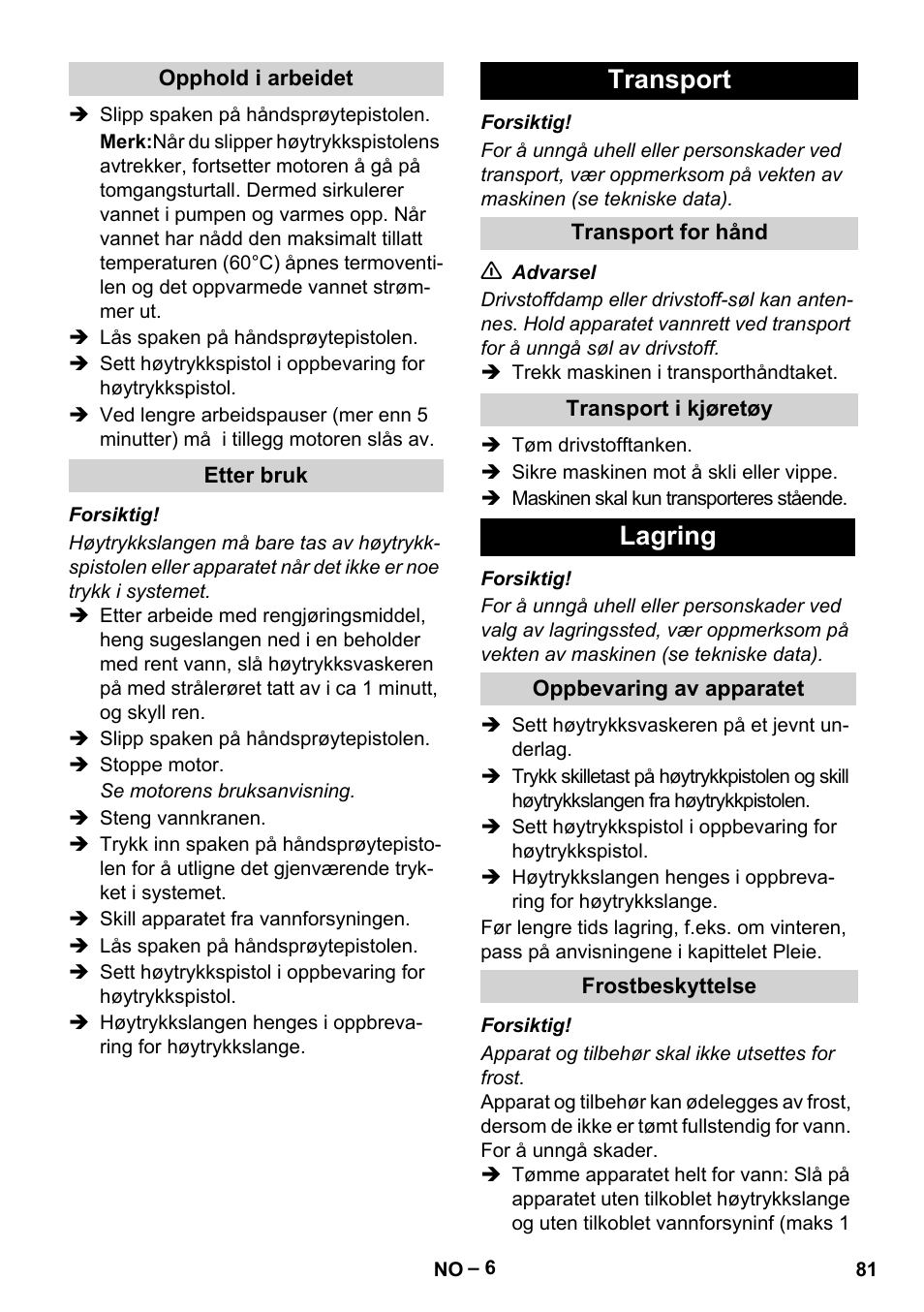 Transport, Lagring | Karcher G 7-10 M User Manual | Page 81 / 248