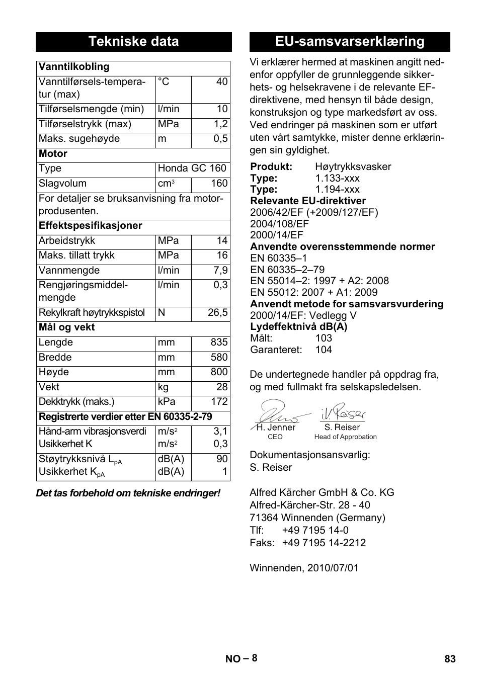 Tekniske data, Eu-samsvarserklæring | Karcher G 7-10 M User Manual | Page 83 / 248