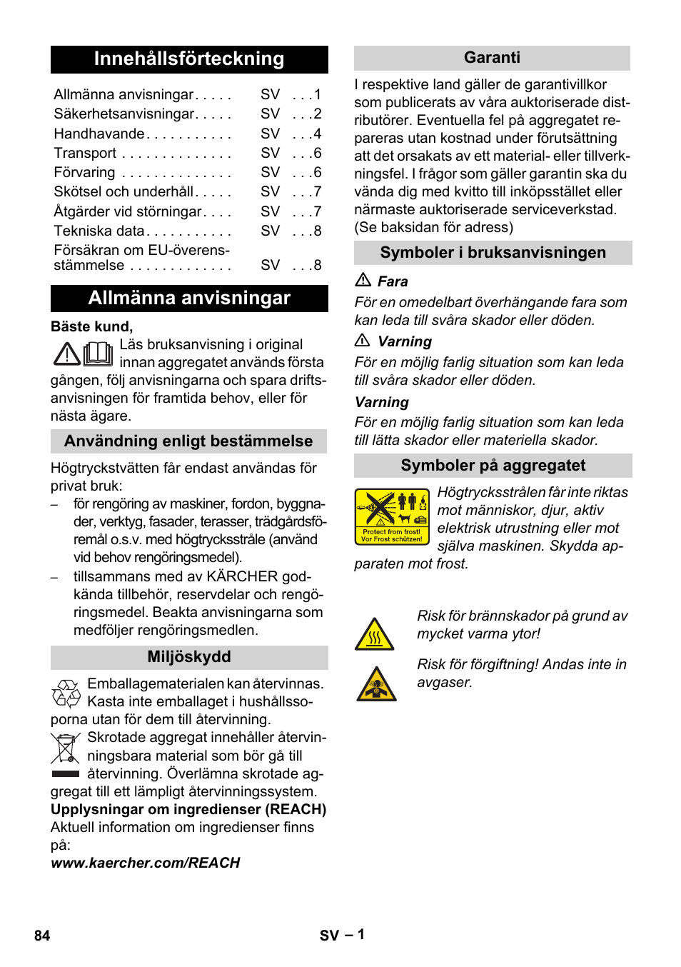 Svenska, Innehållsförteckning, Allmänna anvisningar | Karcher G 7-10 M User Manual | Page 84 / 248