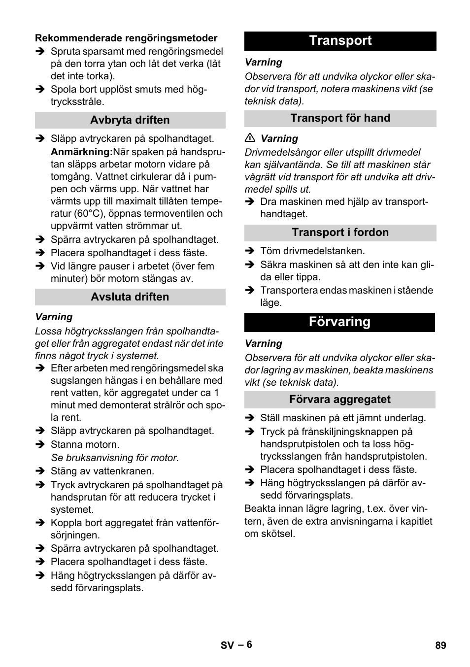 Transport, Förvaring | Karcher G 7-10 M User Manual | Page 89 / 248