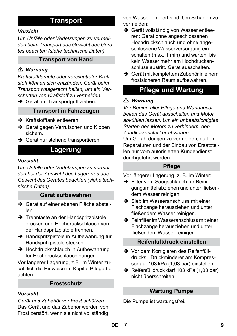 Transport, Lagerung, Pflege und wartung | Karcher G 7-10 M User Manual | Page 9 / 248