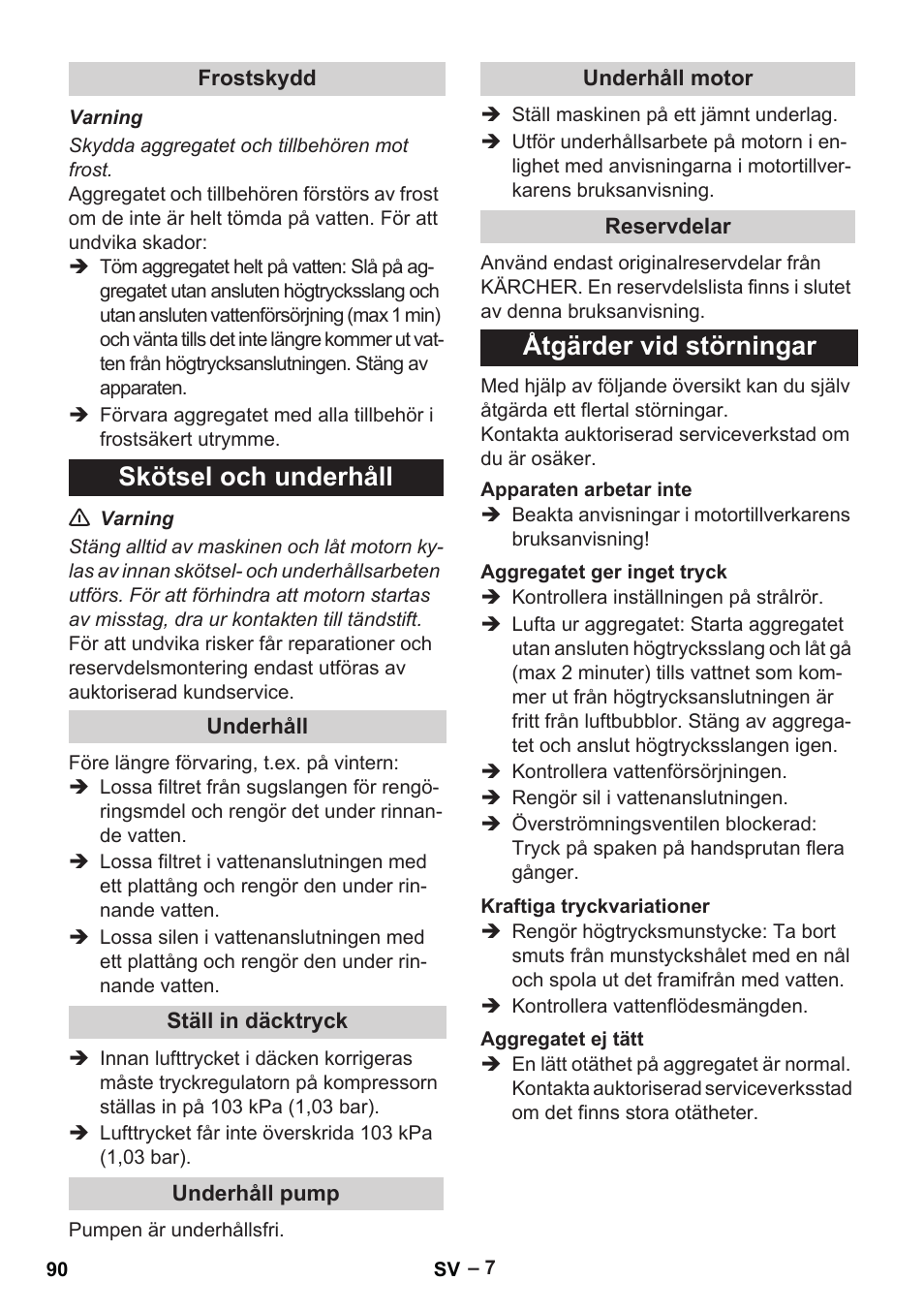 Skötsel och underhåll, Åtgärder vid störningar | Karcher G 7-10 M User Manual | Page 90 / 248