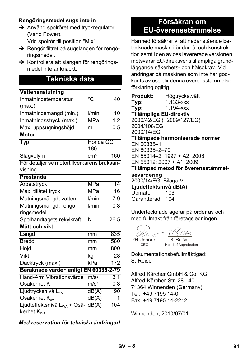 Tekniska data, Försäkran om eu-överensstämmelse | Karcher G 7-10 M User Manual | Page 91 / 248