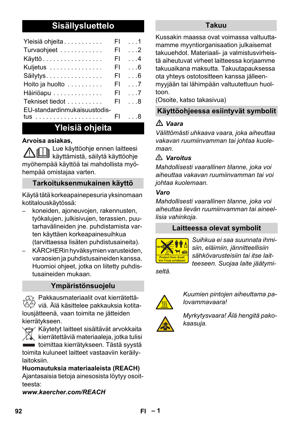 Suomi, Sisällysluettelo, Yleisiä ohjeita | Karcher G 7-10 M User Manual | Page 92 / 248