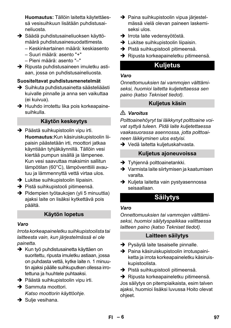 Kuljetus, Säilytys | Karcher G 7-10 M User Manual | Page 97 / 248