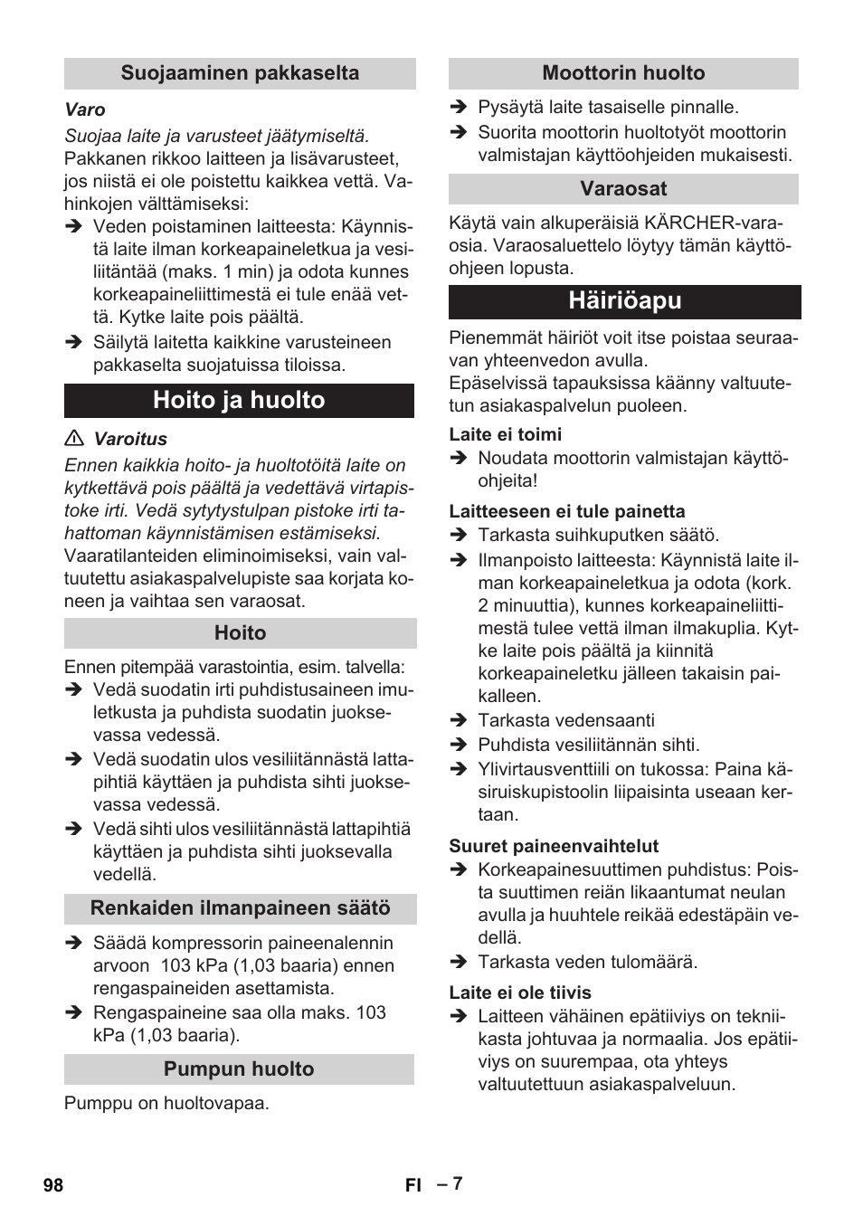 Hoito ja huolto, Häiriöapu | Karcher G 7-10 M User Manual | Page 98 / 248