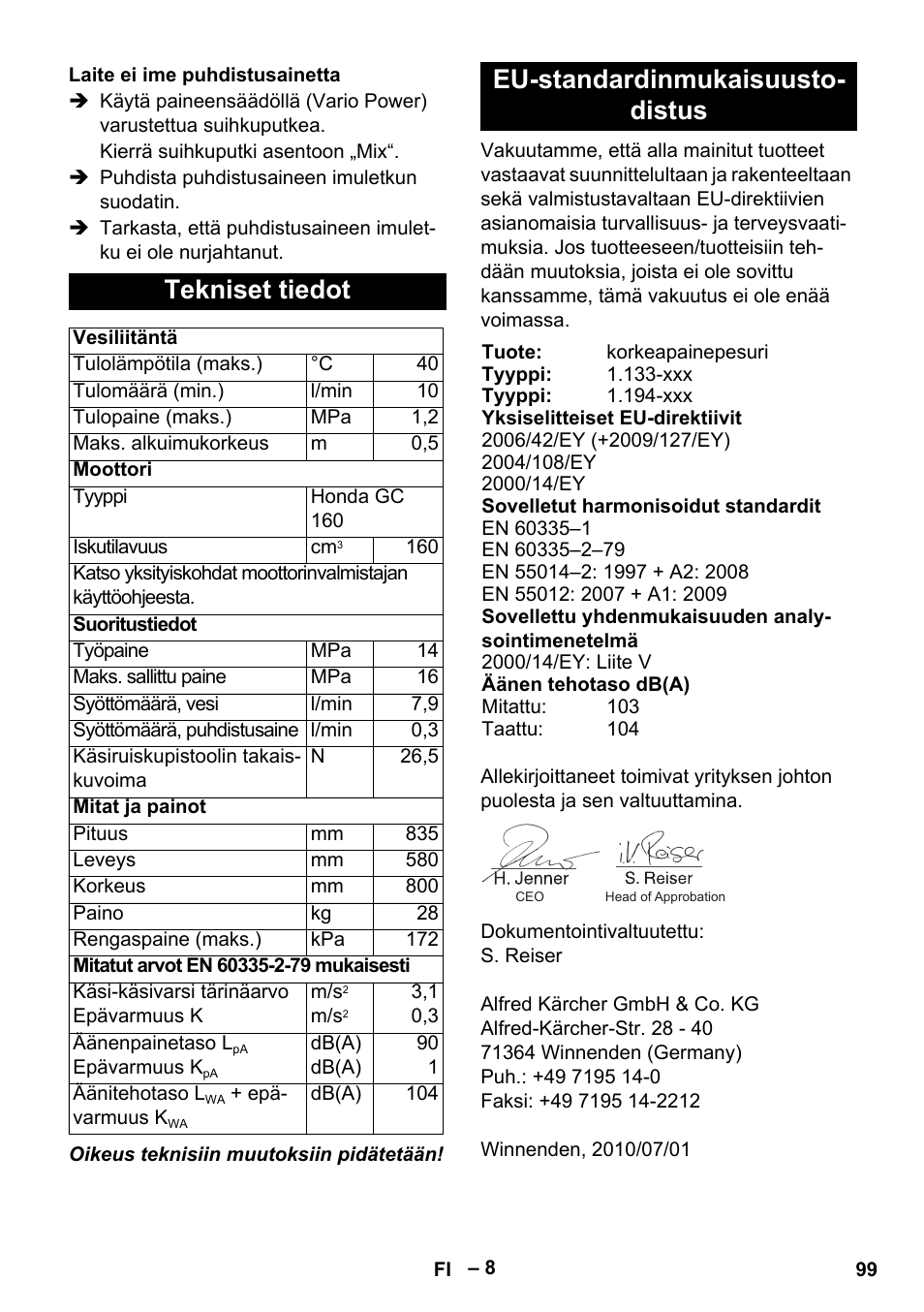 Tekniset tiedot, Eu-standardinmukaisuusto- distus | Karcher G 7-10 M User Manual | Page 99 / 248