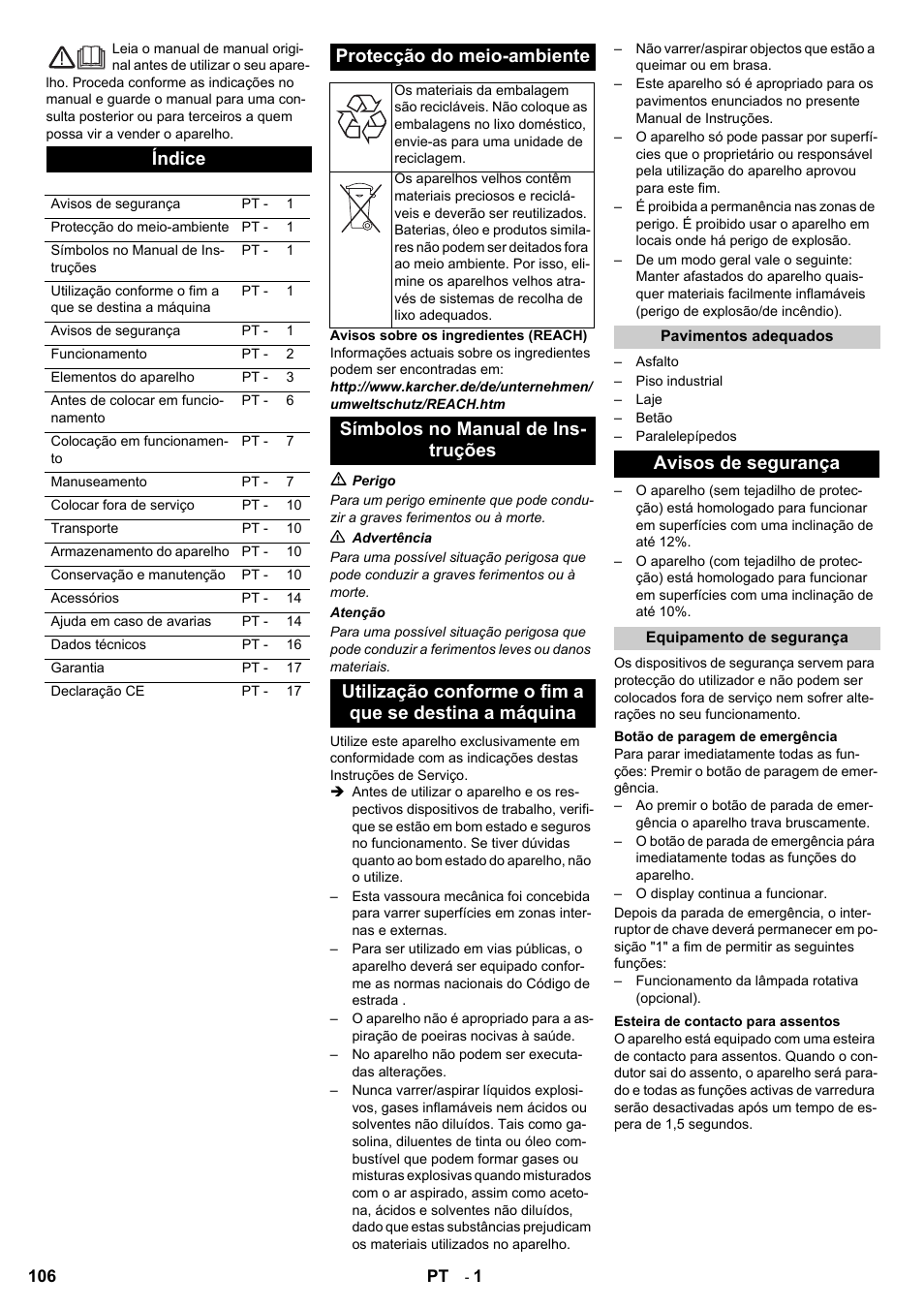 Índice, Protecção do meio-ambiente, Avisos de segurança | Karcher KM 120-150 R Bp 2SB User Manual | Page 106 / 264