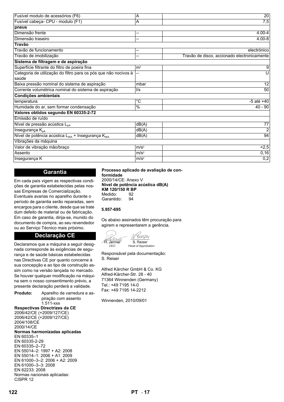 Garantia declaração ce | Karcher KM 120-150 R Bp 2SB User Manual | Page 122 / 264