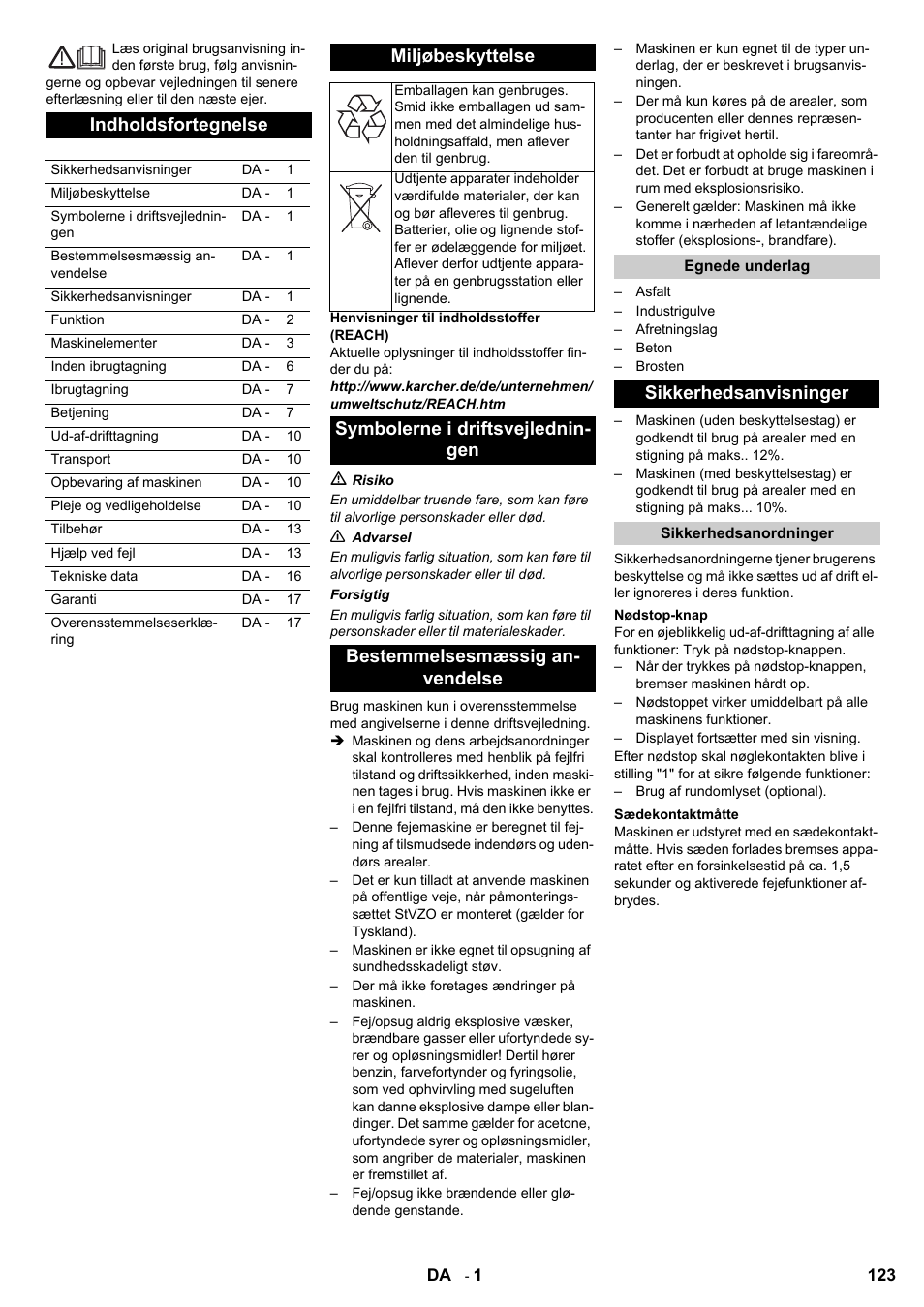 Indholdsfortegnelse, Miljøbeskyttelse, Sikkerhedsanvisninger | Karcher KM 120-150 R Bp 2SB User Manual | Page 123 / 264