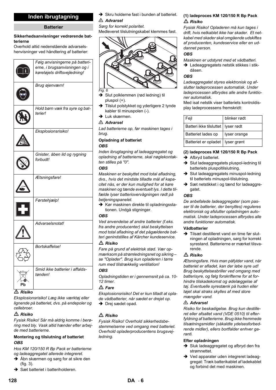 Inden ibrugtagning | Karcher KM 120-150 R Bp 2SB User Manual | Page 128 / 264