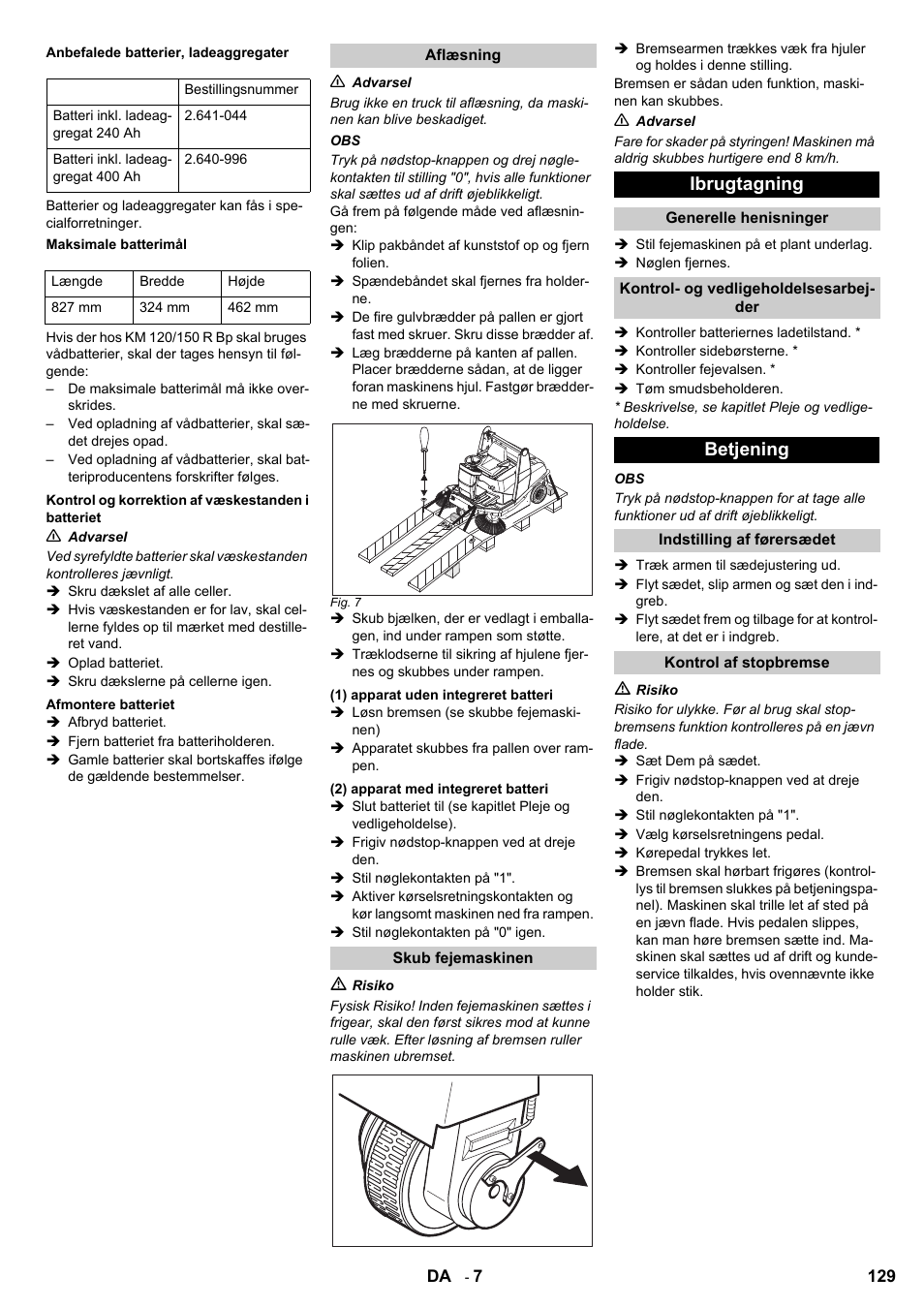 Ibrugtagning, Betjening | Karcher KM 120-150 R Bp 2SB User Manual | Page 129 / 264