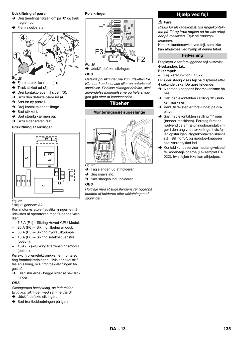 Tilbehør, Hjælp ved fejl | Karcher KM 120-150 R Bp 2SB User Manual | Page 135 / 264