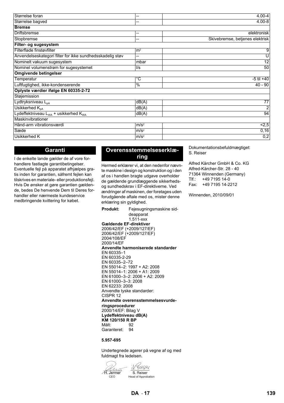 Garanti overensstemmelseserklæ- ring | Karcher KM 120-150 R Bp 2SB User Manual | Page 139 / 264