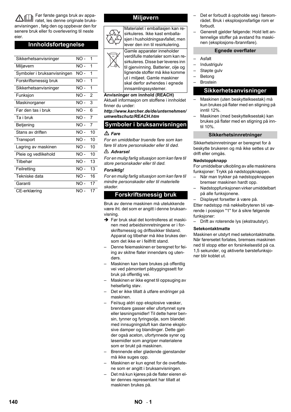 Innholdsfortegnelse, Miljøvern, Symboler i bruksanvisningen forskriftsmessig bruk | Sikkerhetsanvisninger | Karcher KM 120-150 R Bp 2SB User Manual | Page 140 / 264